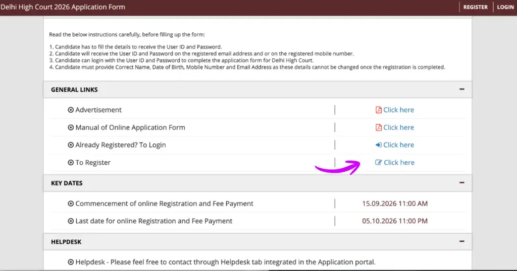 Delhi High Court SPA and PA Vacancy 2026 Registration Page