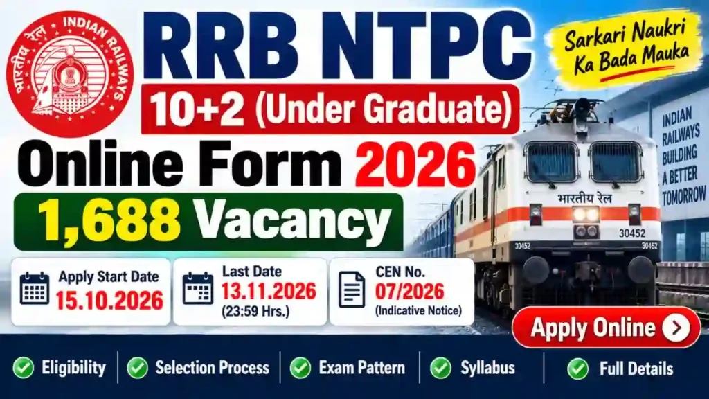 RRB NTPC 10+2 Online Form 2026 : 1,688 Vacancy